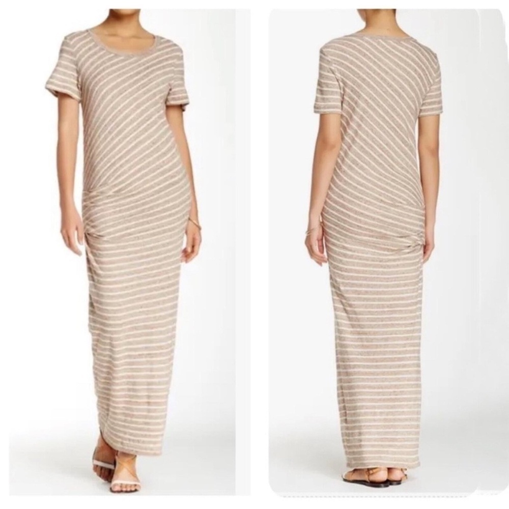 James Perse Size 2 Medium Tucked Striped Maxi Dress Heather Beige 33475